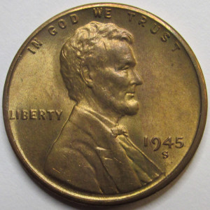 1945 S Lincoln Wheat Cent - antique San Francisco mintmark wheat penny