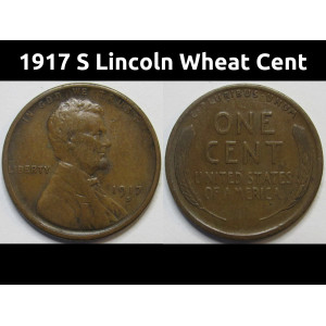 1917 S Lincoln Wheat Cent - antique San Francisco mintmark wheat penny