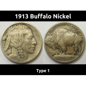 1913 Buffalo Nickel - Type 1 - first year of issue raised mound nickel with full horn