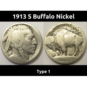 1913 S Buffalo Nickel - antique San Francisco mintmark raised mound nickel