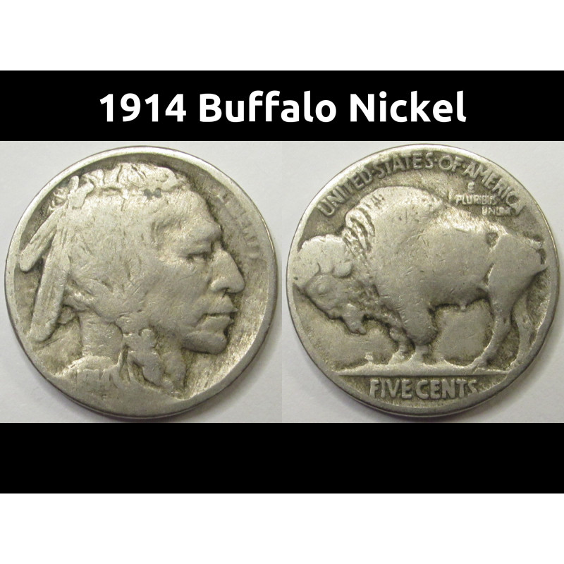 1914 Buffalo Nickel - antique early date American Indian five cent coin