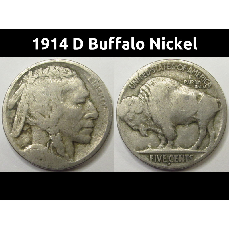 1914 D Buffalo Nickel - antique key date American Indian five cent coin