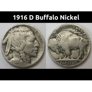 1916 D Buffalo Nickel - antique Denver mintmark American Indian five cent coin