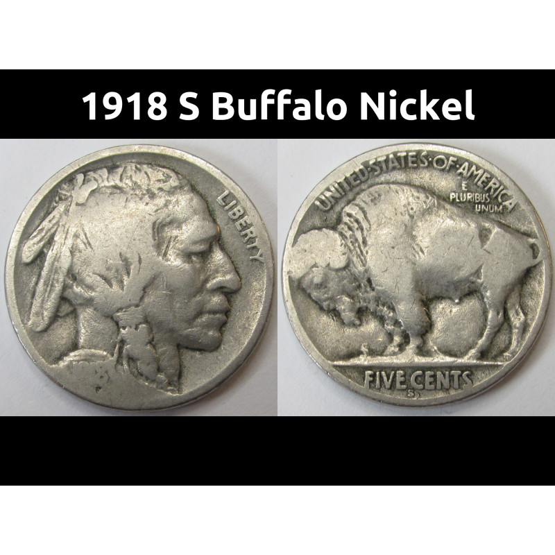 1918 S Buffalo Nickel - antique San Francisco mintmark Indian head nickel