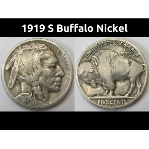 1919 S Buffalo Nickel - antique San Francisco mintmark American Indian nickel