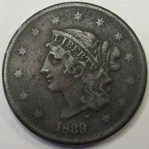 1839 Coronet Head Large Cent - Booby Head - antique odd variety American penny