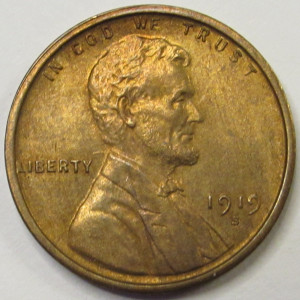 1919 S Lincoln Wheat Cent - antique uncirculated American wheat penny
