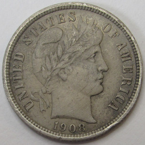 1908 Barber Dime - antique American higher grade silver dime