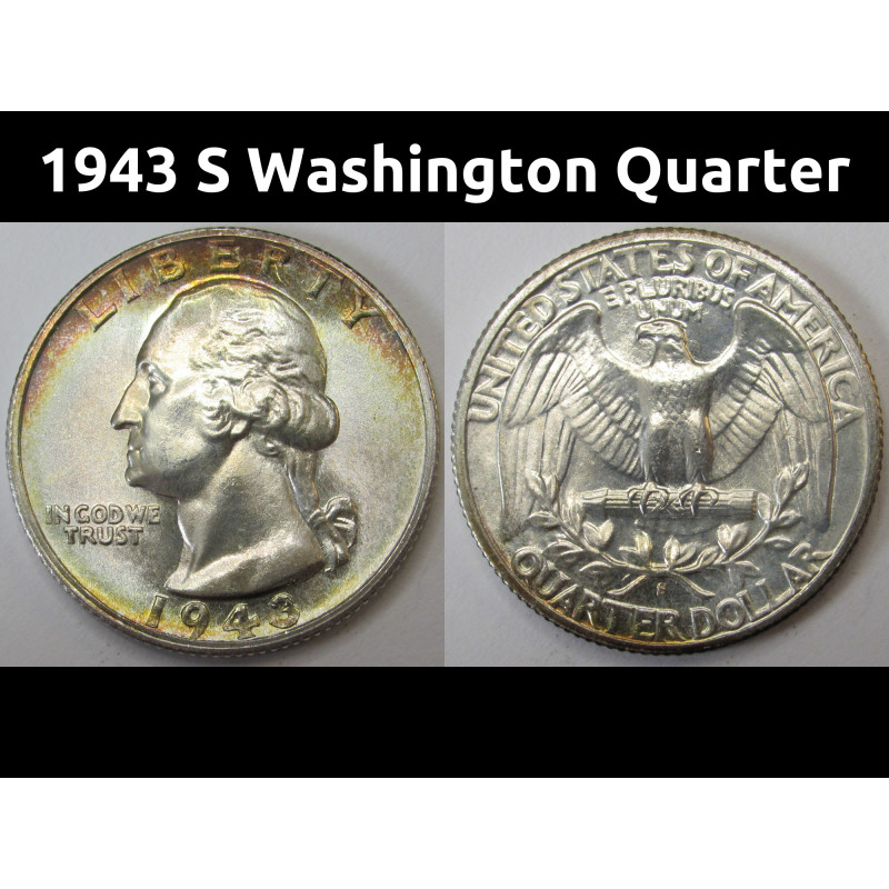 1943 S Washington Quarter - antique toned San Francisco mint WW2 era quarter