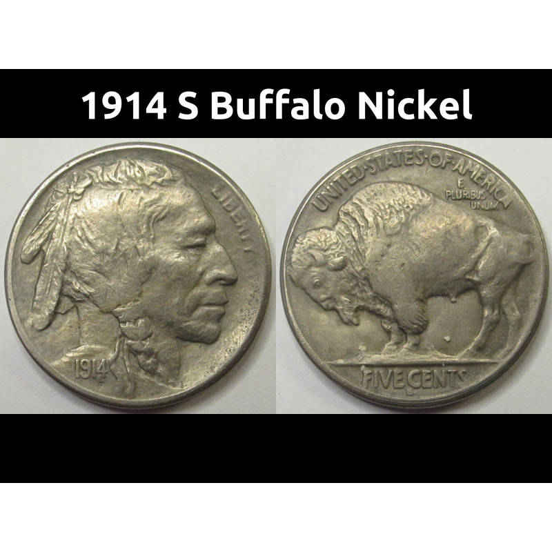 1914 S Buffalo Nickel - antique higher grade San Francisco mintmark five cent coin