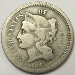 1865 Nickel Three Cents - antique Civil War era American odd denomination coin