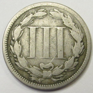 1865 Nickel Three Cents - antique Civil War era American odd denomination coin