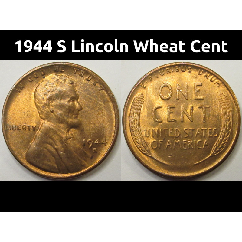 1944 S Lincoln Wheat Cent - antique San Francisco mintmark American wheat penny