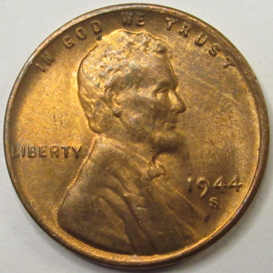 1944 S Lincoln Wheat Cent - antique San Francisco mintmark American wheat penny