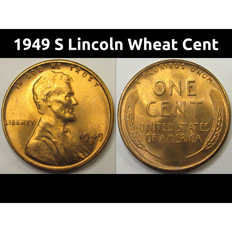 1949 S Lincoln Wheat Cent - antique San Francisco mintmark wheat penny