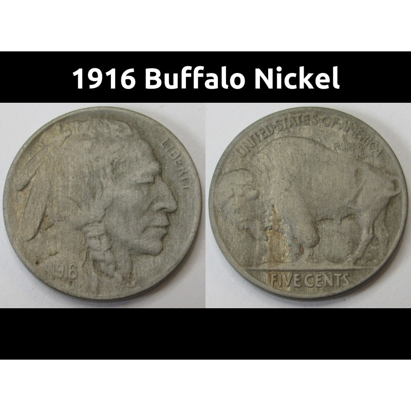 1916 Buffalo Nickel - antique American Indian design five cent coin