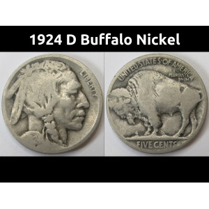 1924 D Buffalo Nickel - antique Denver mintmark American five cent coin