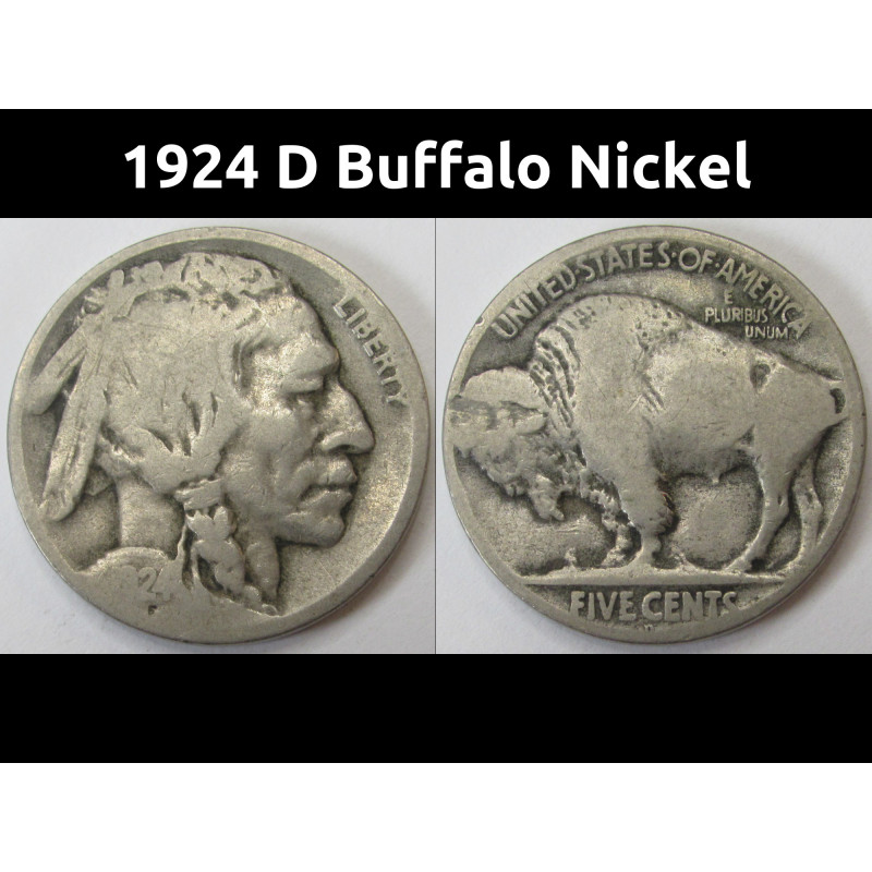 1924 D Buffalo Nickel - antique Denver mintmark American five cent coin