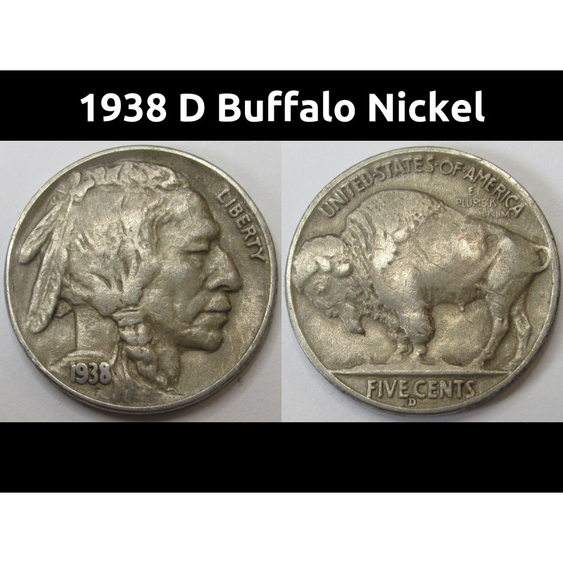 1938 D Buffalo Nickel - antique final year of issue Denver mintmark coin