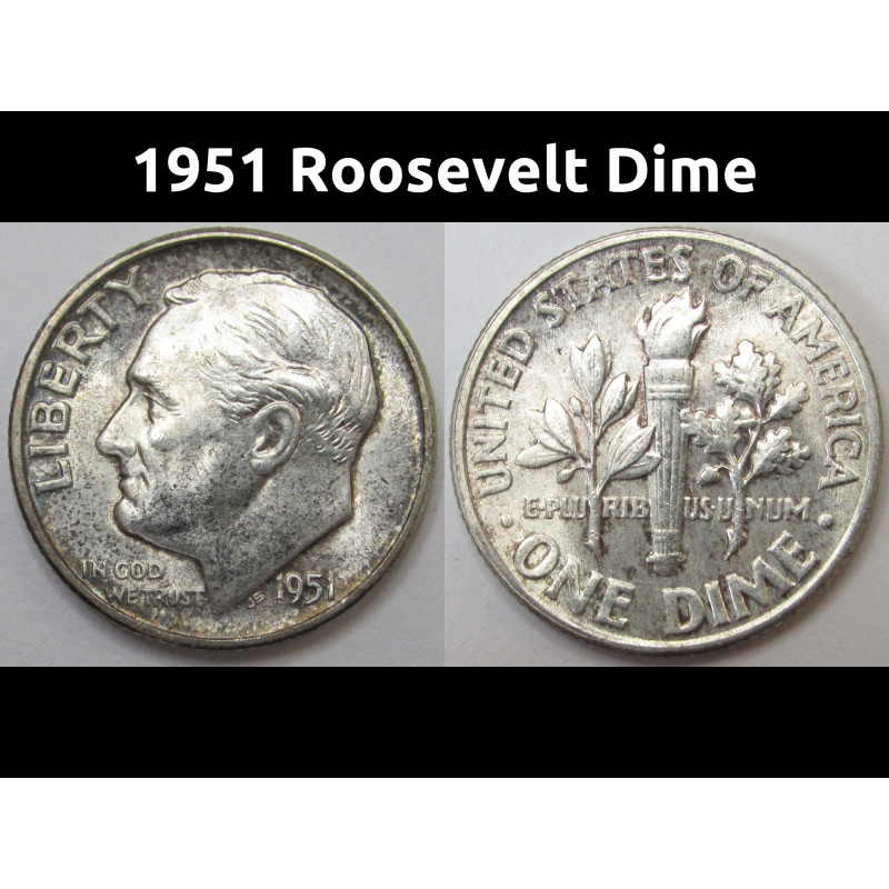1951 Roosevelt Dime - antique toned American silver dime