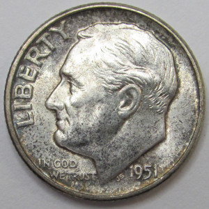1951 Roosevelt Dime - antique toned American silver dime