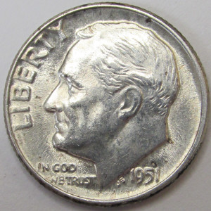 1951 Roosevelt Dime - antique uncirculated American silver dime