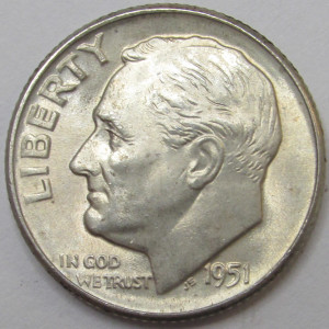 1951 D Roosevelt Dime - antique Denver mintmark uncirculated silver dime