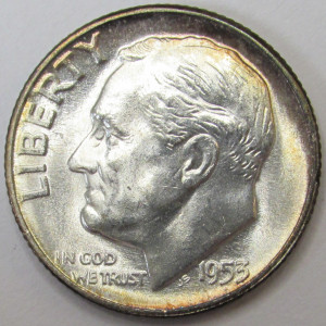 1953 Roosevelt Dime - antique American uncirculated dime with peripheral toning