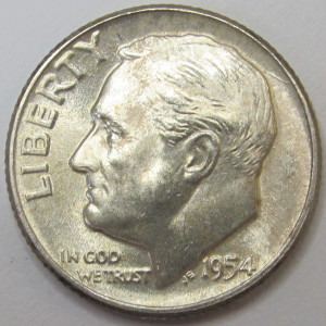 1954 Roosevelt Dime - antique American silver dime
