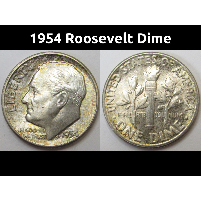 1954 Roosevelt Dime - antique toned American silver dime