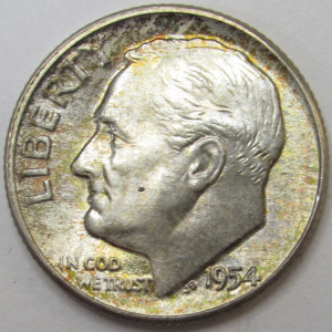 1954 Roosevelt Dime - antique toned American silver dime