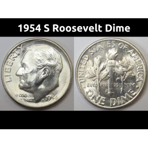 1954 S Roosevelt Dime - antique San Francisco mintmark flashy silver dime