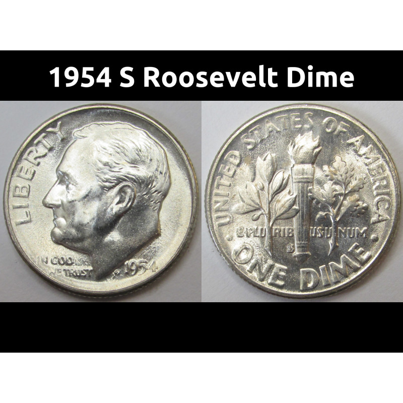 1954 S Roosevelt Dime - antique San Francisco mintmark flashy silver dime