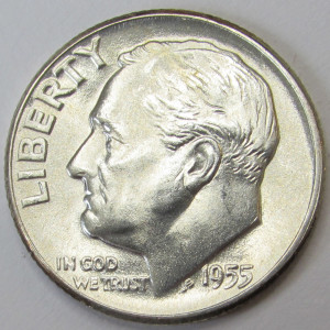1955 Roosevelt Dime - antique fifties uncirculated silver dime