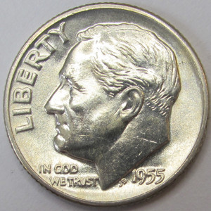1955 D Roosevelt Dime - antique Denver mintmark American silver dime