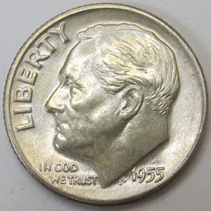 1955 D Roosevelt Dime - antique uncirculated Denver mintmark silver dime