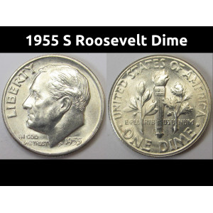 1955 S Roosevelt Dime - antique San Francisco mintmark flashy silver dime