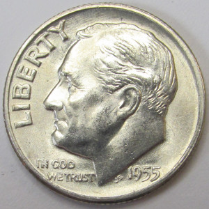 1955 S Roosevelt Dime - antique San Francisco mintmark flashy silver dime