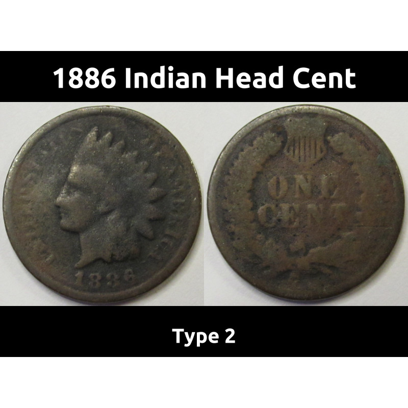 1886 Indian Head Cent - Type 2- antique Wild West American penny