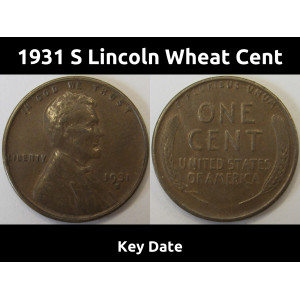 1931 S Lincoln Wheat Cent - Key Date antique American low mintage coin