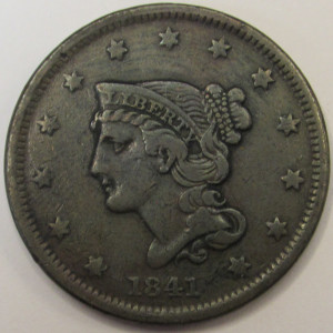 1841 Braided Hair Large Cent - antique better date American copper penny
