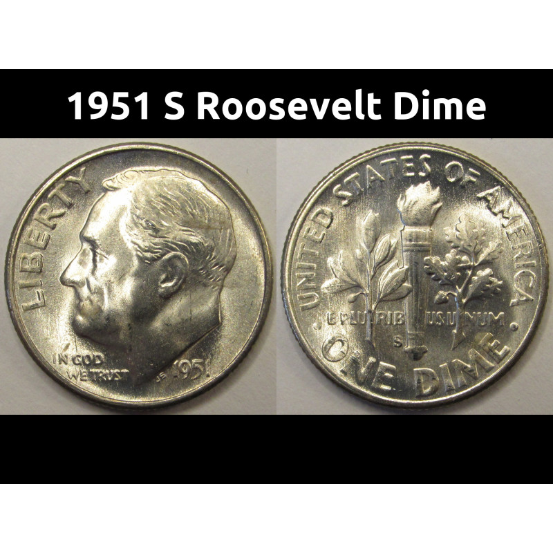 1951 S Roosevelt Dime - uncirculated antique American silver dime