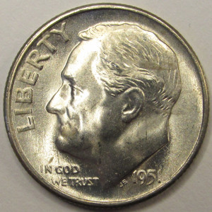 1951 S Roosevelt Dime - uncirculated antique American silver dime