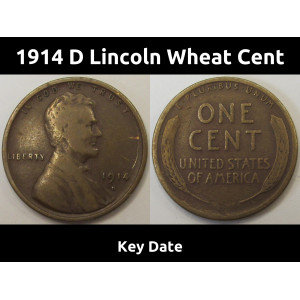 1914 D Lincoln Wheat Cent - key date low mintage American wheat penny