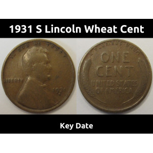 1931 S Lincoln Wheat Cent - key date San Francisco mintmark wheat penny
