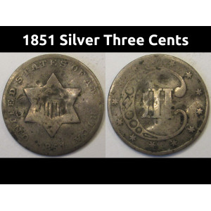 1851 Silver Three Cents - antique small silver trime coin