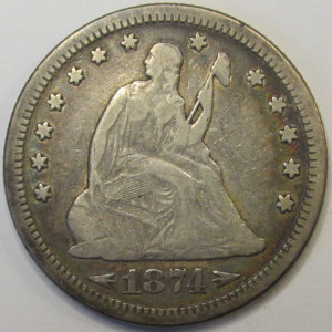 1874 Seated Liberty Quarter - antique American silver quarter