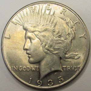 1935 Peace Dollar - antique uncirculated final year of issue silver dollar