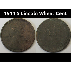 1914 S Lincoln Wheat Cent - antique lower mintage San Francisco mintmark penny