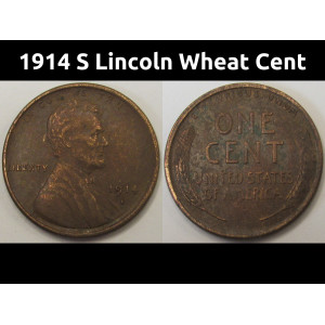 1914 S Lincoln Wheat Cent - antique semi-key date American wheat penny coin